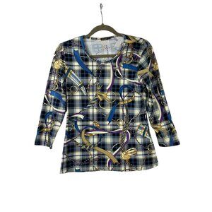 J Mclaughlin Women's Medium Horsebit Equestrian Blue Purple Tan 3/4 Sleeve Top